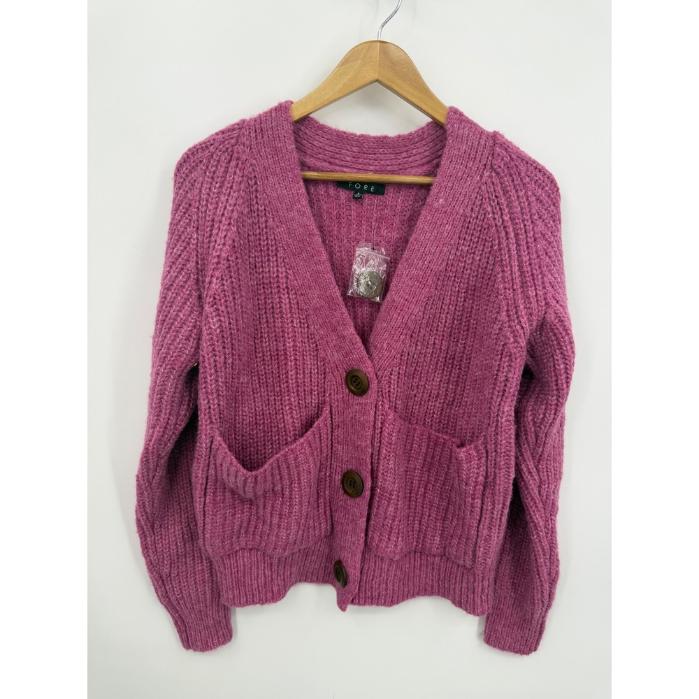FORE Chunky Knit Button Front Cardigan Womens Small Pink V-Neck Pockets OI5410VC